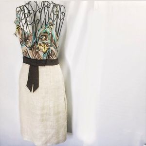 MILLY SAFARI SILK LINEN MIDI DRESS SPAGHETTI STRAP BEIGE BLUE BROWN US 2 SMALL